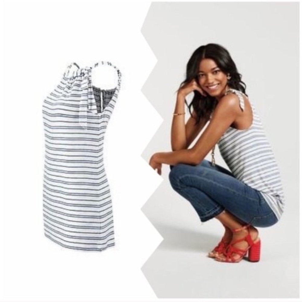 CAbi Striped Tie-Shoulder Tank Top in White and Navy
